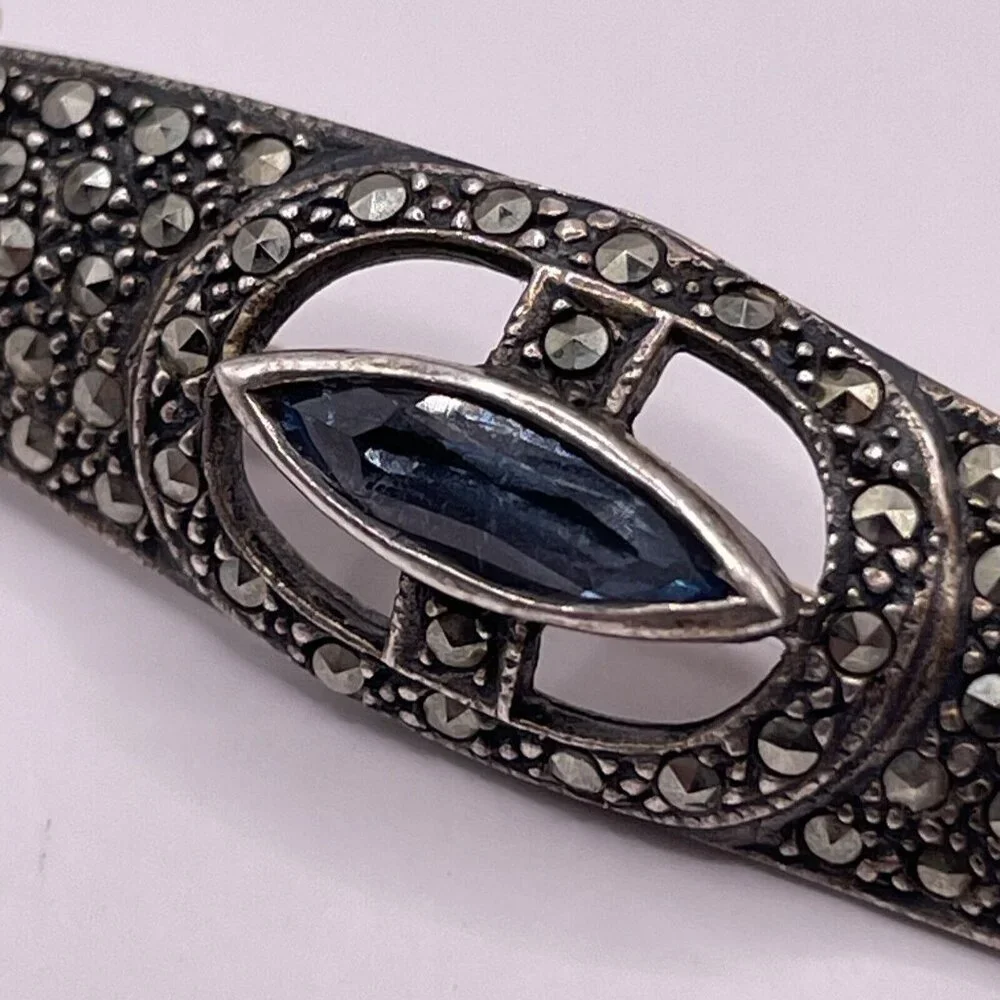 925 Sterling Silver Vintage Blue Topaz‎ Amethyst Citrine & Marcasite Brooch Pin